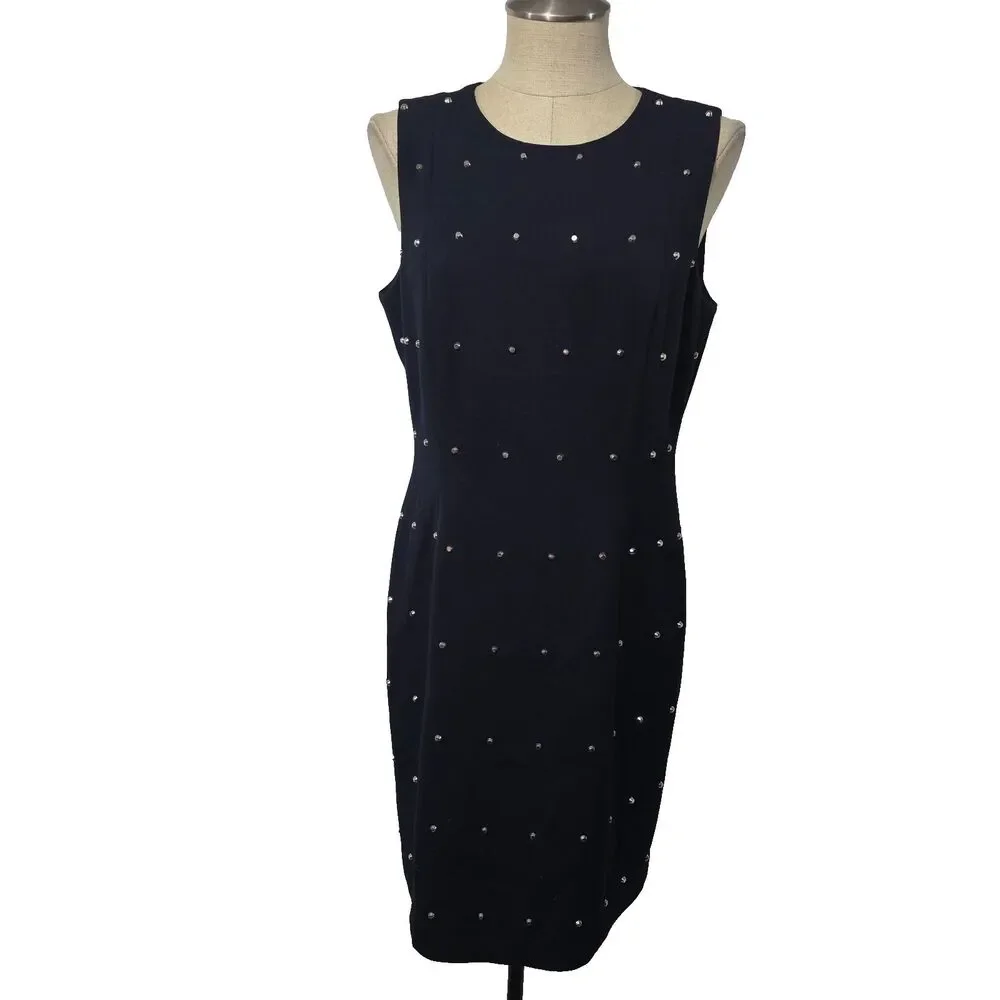 MICHAEL KORS Navy Blue Studded Sleeveless Sheath Dress Zip Back Size 10